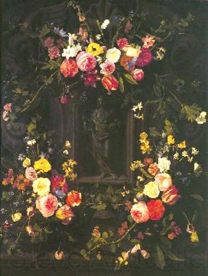 Jan Philip van Thielen Garland of flowers surrounding Christ figure in grisaille France oil painting art